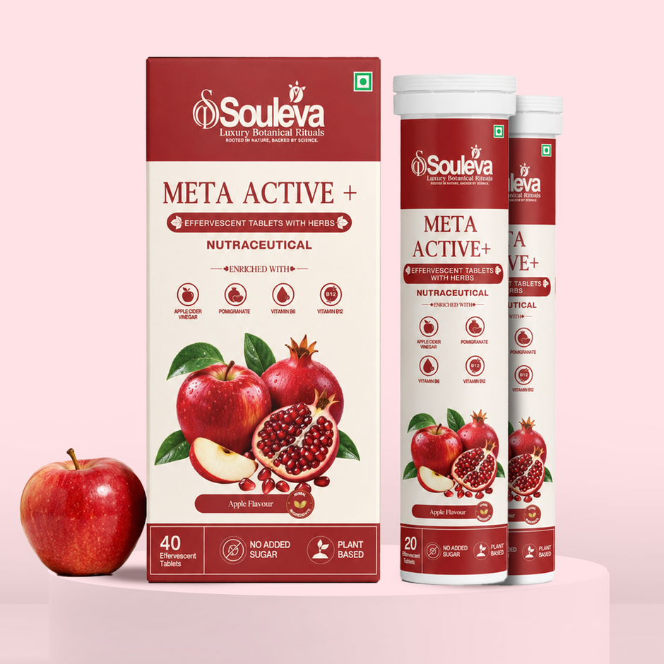 SOULEVA Meta Active+ 600 mg ACV Effervescent Tablets Apple Flavour With Pomegranate, Vitamin B6 & B12 | Supports Metabolism, Energy & Antioxidant Wellness