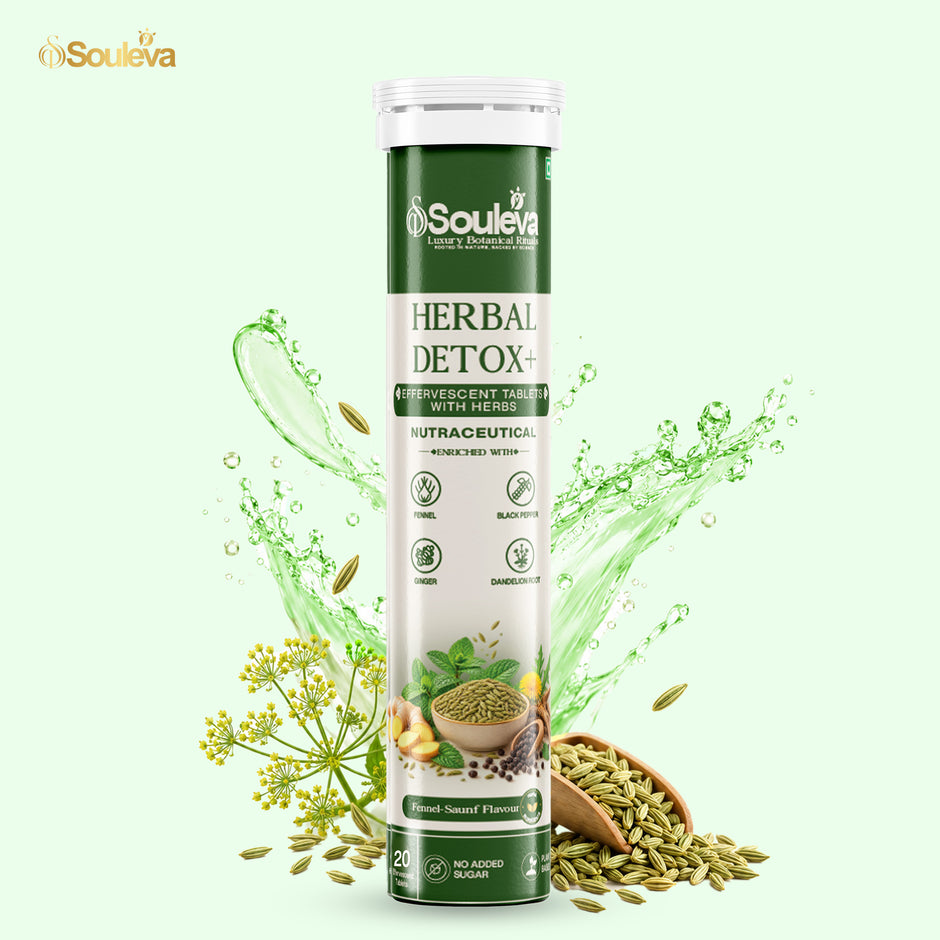 SOULEVA Herbal Detox+ Effervescent Tablets Fennel-Saunf, Milk Thistle, Dandelion, L-Glutamine, Inulin, DigeZyme, Fennel & Zinc | Fennel-Saunf | No Added Sugar | Plant-Based