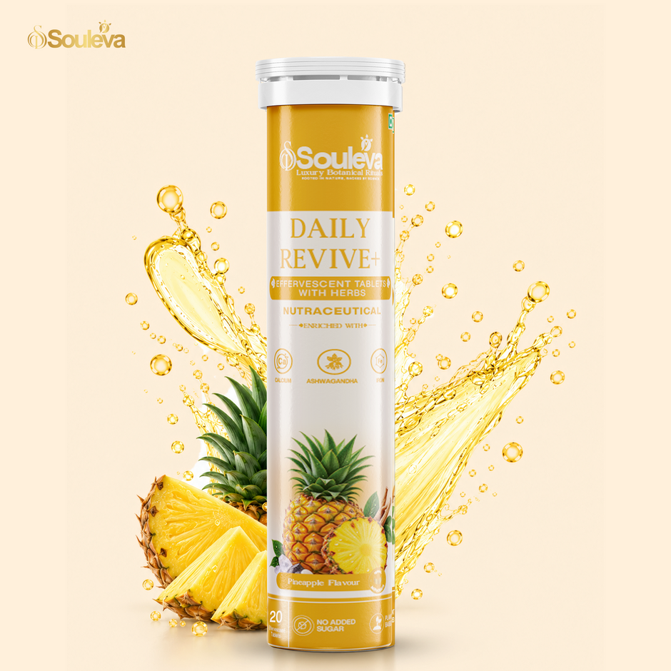SOULEVA Daily Revive+ Multivitamin Effervescent Tablets | Pineapple Flavour | 13 Vitamins + 8 Minerals + 6 Botanical Extracts | Vitamin C, D3, B-Complex, Zinc, Iron & Ashwagandha