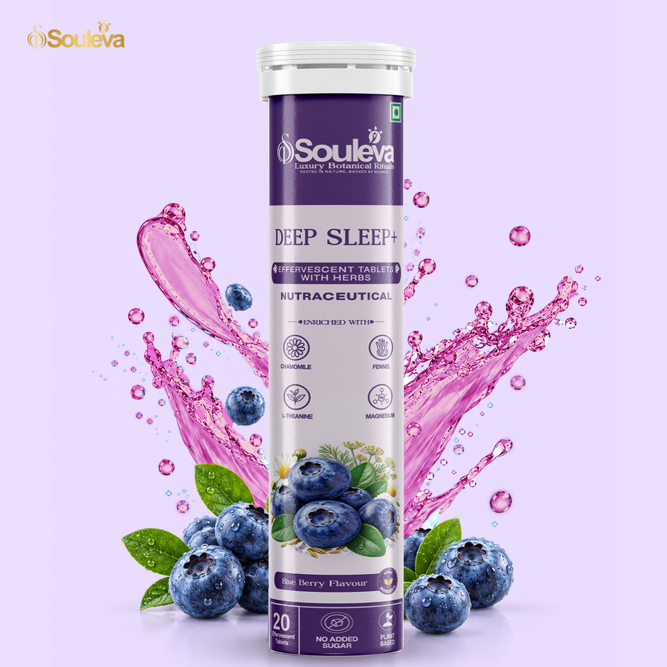 SOULEVA Deep Sleep+ Effervescent Tablets Sleep Support | Blueberry, KSM-66 Ashwagandha, Chamomile, Brahmi, Jatamansi, L-Theanine & Magnesium | Night-Time Relaxation