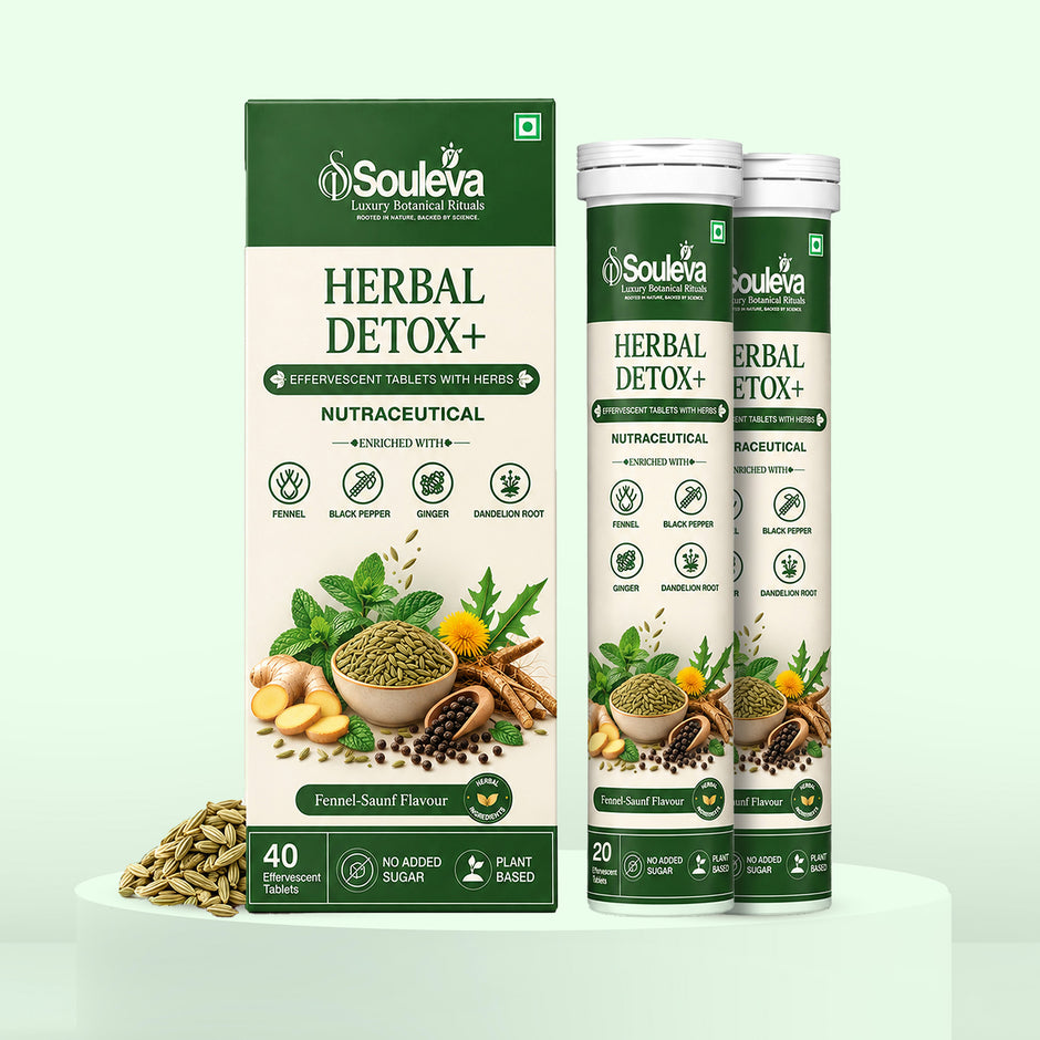 SOULEVA Herbal Detox+ Effervescent Tablets Fennel-Saunf, Milk Thistle, Dandelion, L-Glutamine, Inulin, DigeZyme, Fennel & Zinc | Fennel-Saunf | No Added Sugar | Plant-Based