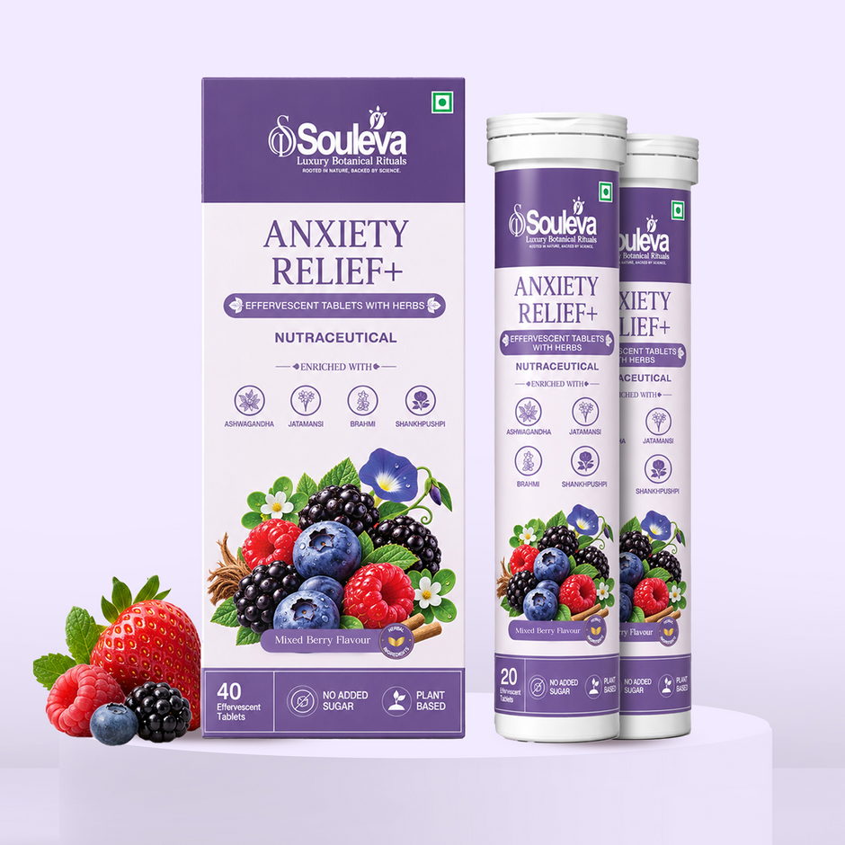 SOULEVA Anxiety Relief+ Effervescent Tablets | Calm Support, KSM-66 Ashwagandha, Brahmi, Shankhpushpi, L-Theanine & Magnesium | Mixed Berry | No Added Sugar